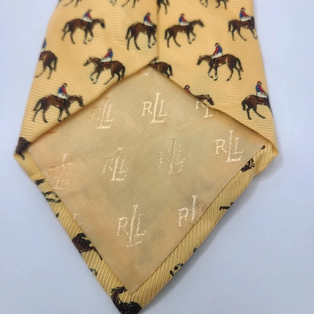 Vintage Lauren Ralph Lauren Silk Tie Yellow Equestrian Horse Jockey Derby USA